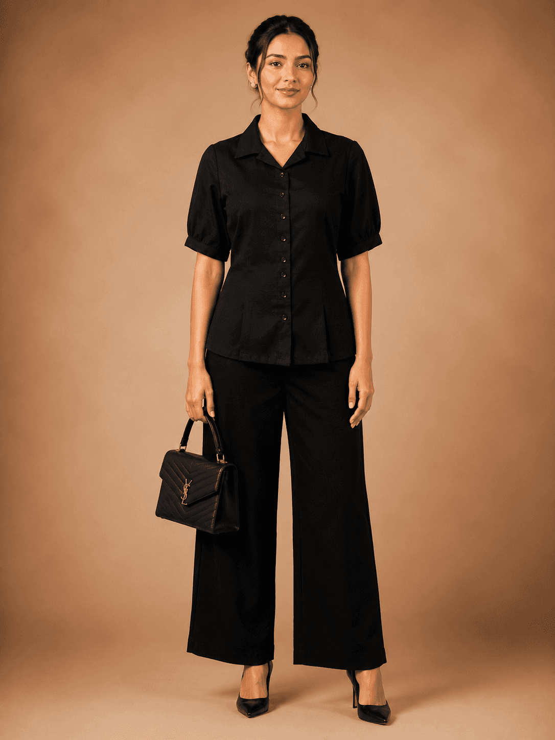 Women's Formal Co-Ord Set | Solid Button-Down Shirt with Wide Leg Palazzo Pants | Elegant Office Wear Two Piece Outfit | Smart Casual Western Wear for Women